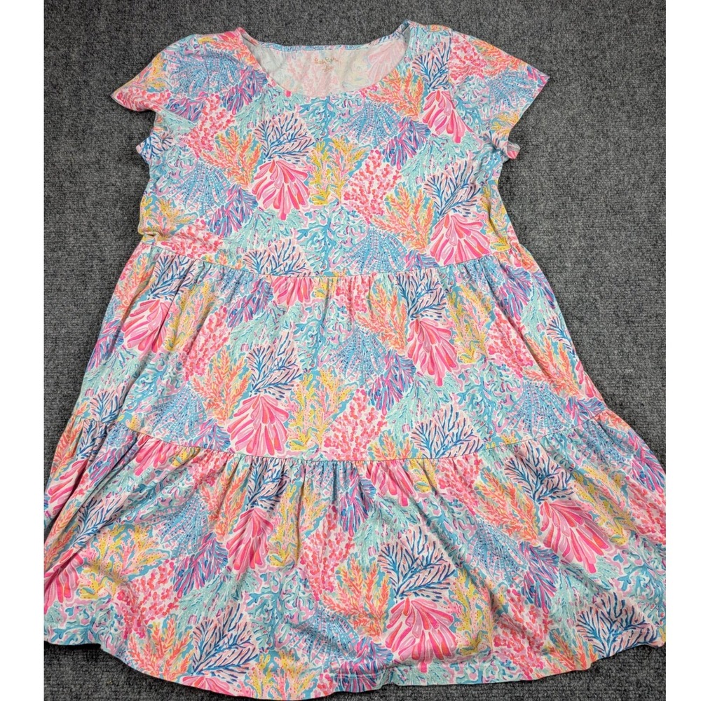 Lilly Pulitzer Pink Blue Coral Reef Tiered Cotton T-Shirt Dress XL